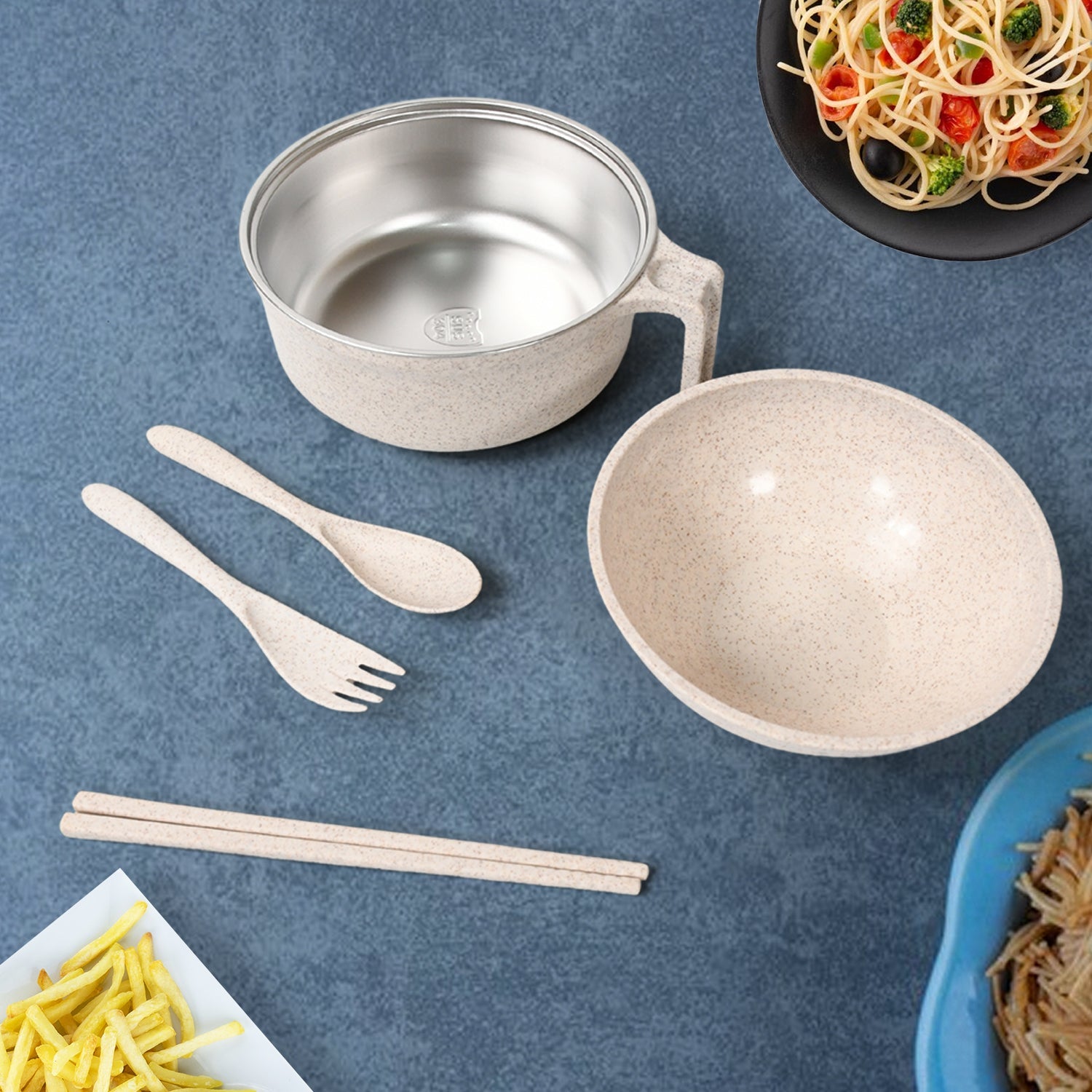 5606 Rice Bowl Noodle 1 Bowl with 1 Lid and Handle Wheat Straw Noodle Bowls with Wheat Straw 1 Fork, 2 Chopsticks, 1 Spoon for Soup Salad Cooker Snack Set (6 Pcs Set) 5606 Rice Bowl Noodle 1 Bowl with 1 Lid and Handle Wheat Straw Noodle Bowls with Wheat Straw 1 Fork, 2 Chopsticks, 1 Spoon for Soup Salad Cooker Snack Set (6 Pcs Set)